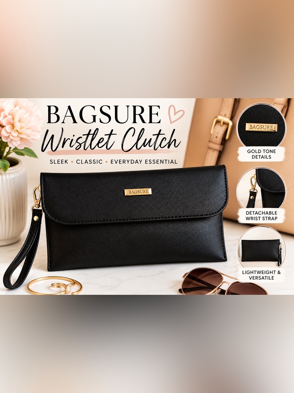 Bagsure Black Faux Leather Envelope Wristlet Clutch Gold Tone Hardware